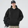 Moletom com capuz e forro de fleece pesado de 420g para homens, outono e inverno, bordado de letras estilo americano, moletom cinza de corte solto
