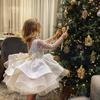 Vestido infantil AliExpress, vestido branco de manga comprida com renda e lantejoulas, vestido para festa de aniversário de menina, vestido de comércio exterior