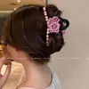 Elegante Presilha de Cabelo Flor Rosa para Mulheres, Novo Estilo Coreano e Japonês, Presilha de Tubarão com Laço de Pérola, Sensação de Alto Padrão, Pente de Cabelo Completo para a Parte de Trás da Cabeça