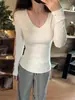 Camiseta Básica Feminina Gola V Slim Fit Cor Lisa Estilo Americano Picante, Adequada para Outono, Inverno e Primavera, com Design Simples e Elegante, Manga Longa Gola V Regular