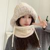 Gorro de Felpa con Cordones Estilo Coreano para Mujer, Protección para Cuello y Orejas para Viajes de Invierno, Gorro Integrado Forrado de Felpa, Gorro de Punto Moderno para Adelgazar la Cara