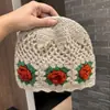 Gorro de Ganchillo Hecho a Mano con Bloques de Color Estilo Coreano y Rosa 3D para Mujer, Gorro Tejido de Otoño e Invierno, Vintage