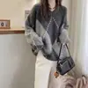 Suéter casual y elegante de cuadros grises para mujer, otoño e invierno, talla grande, top de punto suelto y suave, súper estiloso