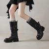 Hebilla de Cinturón Estilo Punk de Motocicleta Súper Genial Botas de Motociclista de Cuero de Vaca Invierno 2025 Botas de Caña Media Chunky de Suela Gruesa de Cuero Genuino para Mujer