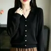 Cardigã de Tricô Simples com Gola Reversível para Mulheres, Casaco Suéter Botonê de Manga Longa, Versátil e Estiloso, Blusa Básica Jovem, Novo Top
