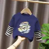 Top estampado de dos piezas falso para niño, camiseta de manga larga 100% algodón para bebé niño, ropa de otoño para niño pequeño