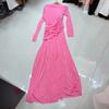 Nanyou Design de Nicho Europeu e Americano Malha Elástica Manga Longa Slim Plissado Leve Vestido Vestido Saia Longa