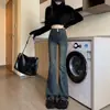 Calça Jeans Flare Cinza Cimento Retrô para Mulheres, Novo Estilo Primavera e Outono 2026, Pantalona Magra de Cintura Alta Petite