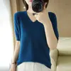 Camiseta de Punto de Manga Corta para Mujer 2022 Verano Nueva Llegada Moda Camiseta de Media Manga Estilosa Adelgazante Moda Escote en V Top Básico