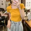 Camiseta de Manga Corta de Color Sólido Estilo Coreano para Mujer, Camiseta Básica Ajustada de Verano Estilo Coreano, Top con Cuello en U