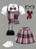Conjunto JK de tres piezas de estilo preppy de verano para niñas: Conjunto de chaleco de cuadros y falda plisada para actuaciones escolares y uso casual