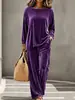 2026 Ropa Nueva Transfronteriza Europea y Americana Casual Suéter de Cuello Redondo Manga Larga Pantalones Extensos Traje de Terciopelo Multicolor para Mujer