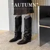 Versão em couro de vaca~Botas bootcut de bico fino retrô para mulheres, botas longas over-the-knee, cano largo, afinamento, salto grosso, botas de montaria sem cadarço, perna longa