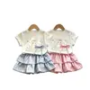 Conjunto Estiloso de Verão com Camiseta Manga Curta Fina e Saia Plissada Curta para Bebês Meninas 2026 Novo Conjunto de Duas Peças com Camiseta de Desenho Animado