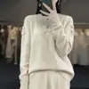Top de Crochet Bordado 100% Lana de Cuello Alto Medio para Otoño e Invierno Camisa Base Holgada de Punto de Manga Larga para Mujer