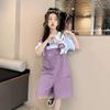 Traje de Pantalón con Tirantes para Niñas Verano Estilo Coreano Color Sólido Dibujos Animados Manga Corta Casual Pantalón con Tirantes Conjunto de Dos Piezas