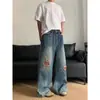 Calça Jeans Masculina Retro Americana Estilo Francês Manchas Azuis Cleanfit Desgastada Moderna Perna Reta Solta Comprimento Total