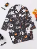 Pijama de Comercio Exterior Transfronterizo Seleccionado Cuidadosamente para Halloween con Solapas Estampadas, Mangas Largas y Pantalones Largos, Conjunto de Pijama de Ropa de Casa para Mujer Estilo Europeo y Americano