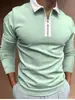 Nova Camisa Polo Casual Masculina de Outono 2023, Comércio Exterior, Estampa 3D, Cor Sólida, Zíper, Manga Longa