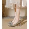 Zapatos de Tacón Alto de Punta Cuadrada para Mujer con Lazo y Pedrería Rojos para Boda Zapatos de Novia 2025 Nuevo Primavera y Otoño Zapatos Franceses de Tacón Grueso