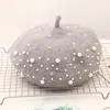 Boina de Lana Perlada Estilo Chanel para Mujer, Gorra de Lana Retro Británica de Invierno, Sombrero de Calabaza Versátil Coreano Japonés
