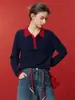 Suéter de malha chic e estiloso com gola polo color block e mangas compridas, suéter moderno trançado de inverno 2026, top macio e fashion
