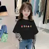 Blusa infantil de manga longa, outono 100% algodão, novo estilo 2026, camiseta listrada patchwork para meninas, blusa falsa de duas peças para bebê menina