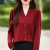 Cárdigan fino de lana para mujer de principios de otoño, cuello en V, protector de cuello, suéter de punto de manga larga, corte holgado, color liso, top exterior versátil