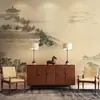 Novo estilo chinês sofá de sala de estar de luxo leve adesivos de parede para fundo de TV papel de parede elegante para sala de chá paisagem mural de conceito artístico de casa de chá