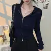 Top de diseño corto con capucha para mujer, temporada Primavera y Otoño 2025, cremallera, dulce y picante, manga larga, camiseta, cárdigan, moderno, blanco