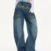 Comércio Transfronteiriço Jeans Wide-Leg com Estampa de Letras Estilo Retrô Americano para Mulheres Nova Coleção Primavera/Verão 2026 Caimento Solto Emagrecimento Perna Reta