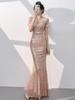 Vestido de Noche para Banquete para Mujer 2026 Estilo Nuevo Oro Rosa de Alta Gama Vestido de Lentejuelas Cola de Pez Elaborado Elegante de Alta Clase Anfitriona
