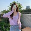 Camisa de seda de hielo con protector solar, cuello en V, fina, corta, de manga larga, de punto, cárdigan pequeño, top de verano para mujer, suave, dulce, suelto