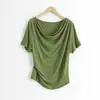 Estilo Nuevo de Verano Mezcla de Lyocell Tencel Lana Ceñidor de Cintura Aspecto Adelgazante Cuello Alto Manga Corta Camiseta Casual Holgada para Mujer