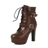 Botas Femininas de Couro Outono/Inverno com Tiras Cruzadas, Bico Redondo, Cano Curto, Plataforma Impermeável e Salto Super Alto, Versátil, Salto Grosso, Moda de Comércio Exterior, Tamanho Plus Size