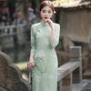 Princesa Jin Jin novo outono retrô verde fresco estilo fada para menina elegante crepe Jinhe cheongsam artístico