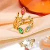 Anéis de Folha com Zircônia Estilo Europeu e Americano, Não Desbotam, Alto Valor Estético, Design Aberto, Anéis de Casal da Moda, Anéis Coloridos de Aço Titânio