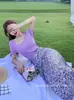 Falda floral morada de estilo Hepburn transfronteriza, estilo extranjero dulce para mujeres bajitas y altas, verano, venta al por mayor