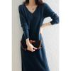 Vestido de Tricô de Lã de Outono e Inverno com Decote em V para Mulheres, Vestido Longo de Camada Base Solto de Alta Qualidade em Estilo Francês para Inverno