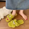Nuevos Zapatos Peludos de Exterior de Alta Gama para Mujer Otoño/Invierno 2026 con Hebilla Dorada Pequeña, Forrados para Abrigo, Pantuflas de Algodón