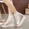 Comercio electrónico transfronterizo comercio exterior zapatos de mujer tacón de cuña de plataforma gruesa tipo muffin sandalias de boca de pez elevadas sandalias huecas de encaje dulce para mujer