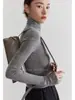 Top Base de Punto Grueso Gris Francés de Cuello Alto para Mujer Otoño Invierno Ajustado Capa Interior de Lana Elegante con Estilo