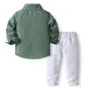 Verano Nuevo Estilo Británico Verde Oscuro Solapa Manga Larga Camisa Blanco Marfil Corbata de Lazo Traje Pantalón Largo Conjunto