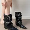 Botines Chuyuji Elegantes con Punta Fina y Tacón de Cuña para Mujer, Botines Cortos Estilo Francés Hot Girl con Hebilla de Cinturón Adelgazante, Botas de Jinete Rectas