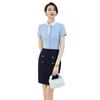Camisa azul de manga curta para mulheres verão recepção formal vestimenta de negócios terno camisa com lapela elegante macacão para mulheres