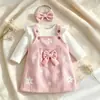 Otoño Europeo y Americano Nuevo Estilo Body de Manga Larga para Bebé Niña Overol con Estampado Floral Diadema con Lazo Set de Tres Piezas