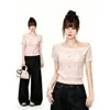 Top de punto calado de ganchillo estilo coreano, de un solo hombro y manga corta para mujer, top básico simple de verano que estiliza la cintura