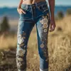 Jeans Transfronteiriço Europeu e Americano da Amazon 2025 para Mulheres, Calças Longas Femininas, Jeans Coloridos com Estampa Floral 3D