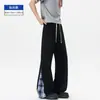 Pantalones casuales de cuadros patchwork estilo retro americano para hombre, corte holgado, pierna recta ligeramente acampanada, pants deportivos, longitud extendida para personas altas
