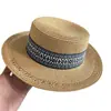Sombrero de paja de ala ancha de copa plana estilo bohemio para mujer, protección solar para primavera y verano, sombrero de estilo étnico para vacaciones en la playa